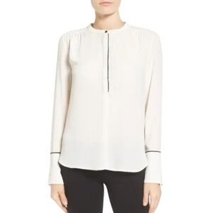 Halogen Women’s Long Sleeve Pearl Ivory Sheer Blouse Black Trim Piping Detail